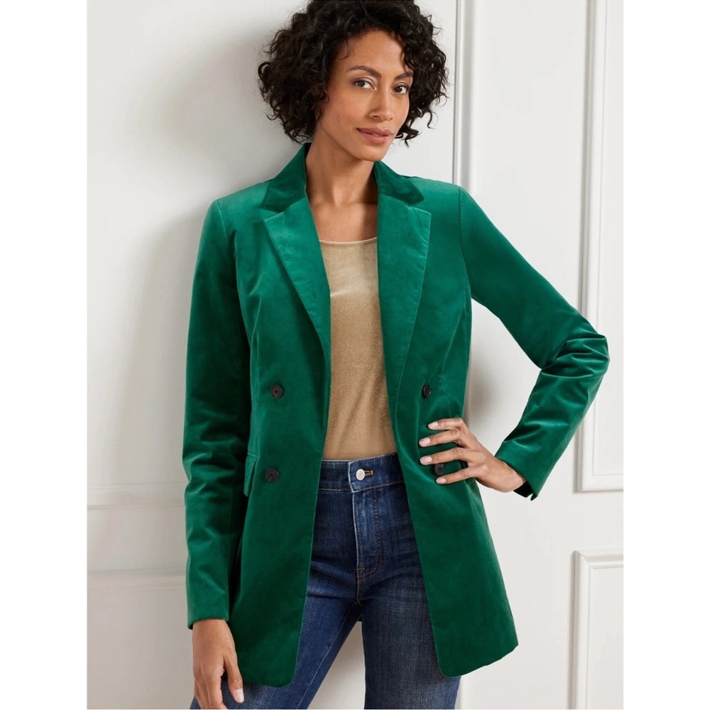 TALBOTS Sz 10 Petite Hunter Green Double Breasted Open Front Velvet Long Blazer